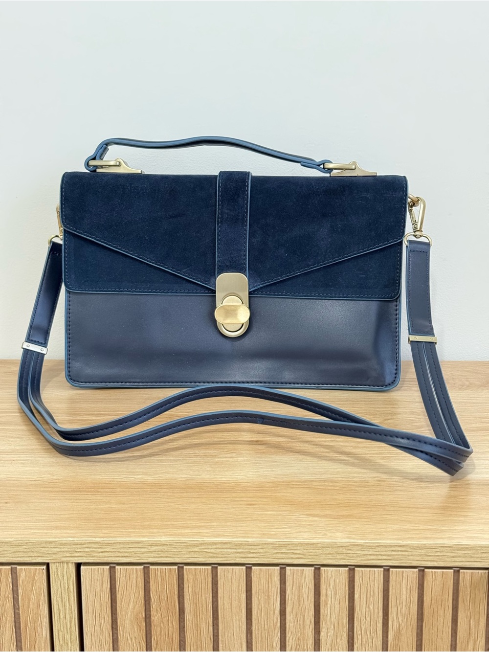 ZARA Navy Blue Suede & Faux Leather Crossbody Bag